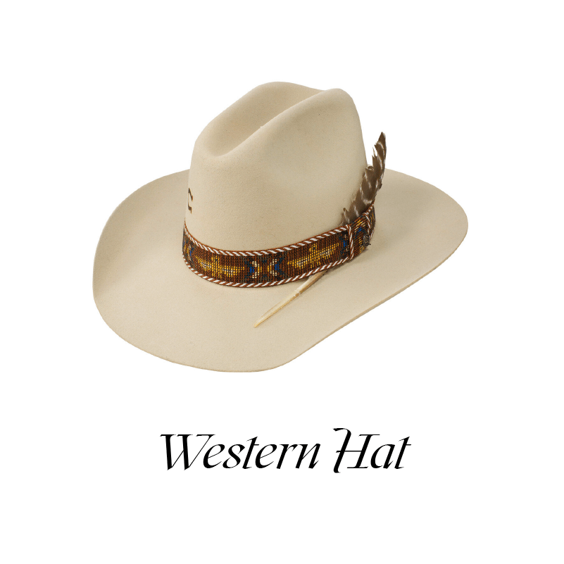 A white western hat with a traditional pattern ribbon and a bird's feather.