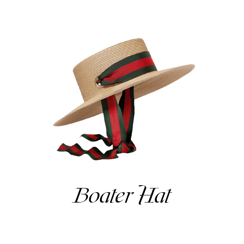 A natural color boater hat with a green and red ribbon.